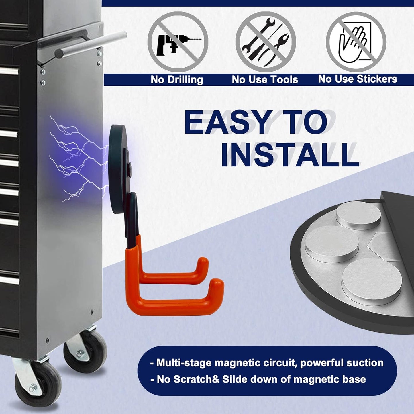 TSUYA 4 Pack Heavy Duty Large Garage Magnet Hooks, Strong Storage Utility Magnetic Hooks with Anti-Slip Rubber Coating for Hanging (Orange Hook, 2.6‘’ Diameter Base)