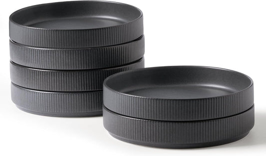 famiware Star 7.5" Pasta Bowls Set, Salad Bowl Set of 6, Double Reactive Glaze, Stackable, Perfect for Your Friend for Housewarming, Thanksgiving, Christmas, Matte Dark Charcoal (Full Glaze)