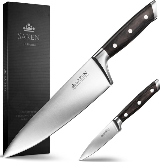 Saken Chef Knife and Paring Knife Set - 2-piece Professional Kitchen Knife Set with Ultra-Sharp, High-Carbon German Steel Blade and Ergonomic Wooden Handles - 8" Chef Knife, 3.5" Paring Knife