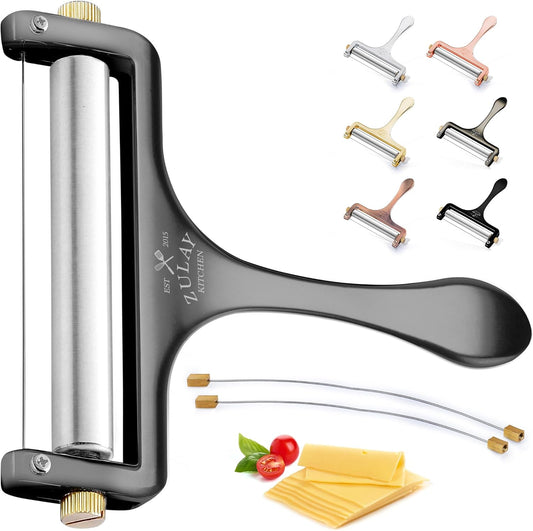 Zulay Kitchen Stainless Steel Wire Cheese Slicer - Adjustable Hand Held Cheese Cutter with 2 Extra Wires - Premium Cheese Shaver For Mozzarella, Cheddar, Gruyere - Cheese Cutter with Wire (Gunmetal)