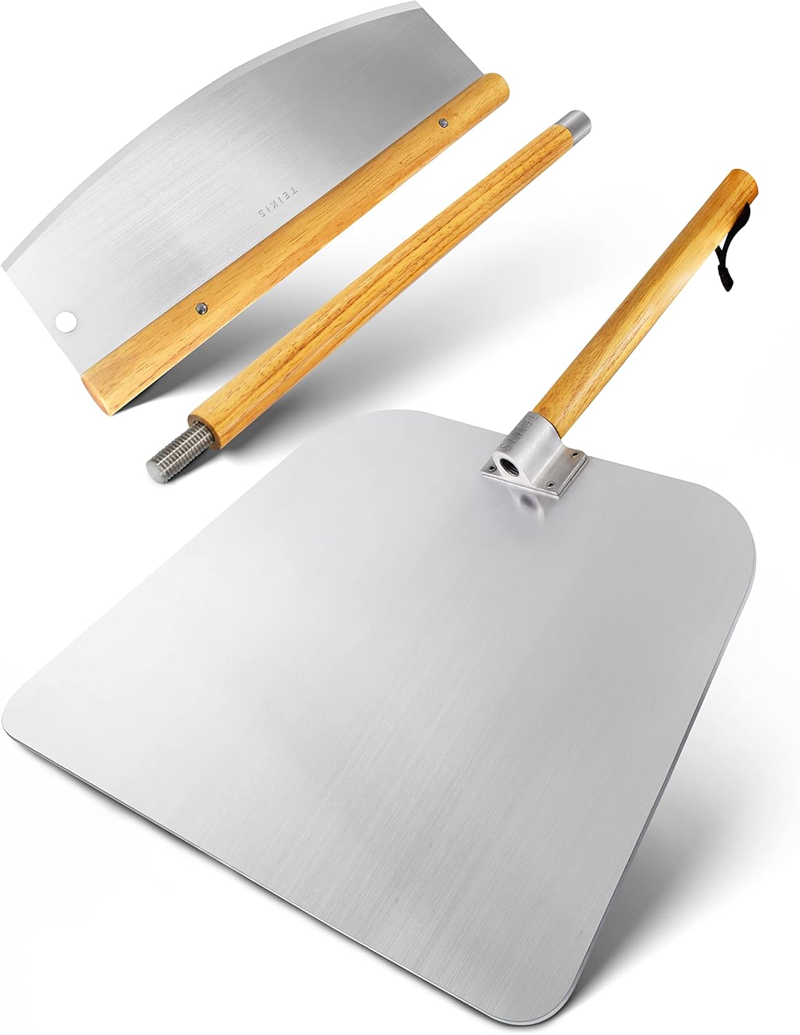 Pizza Cutter Rocker Style & Pizza Peel Set - 14" Large Pizza Metal Slicer Sharp Knife Blade Chopper with 14" x 16" Heavy Duty Pizza Paddle Board Pan with Wood Handle - Premium Oven Baking Accessories