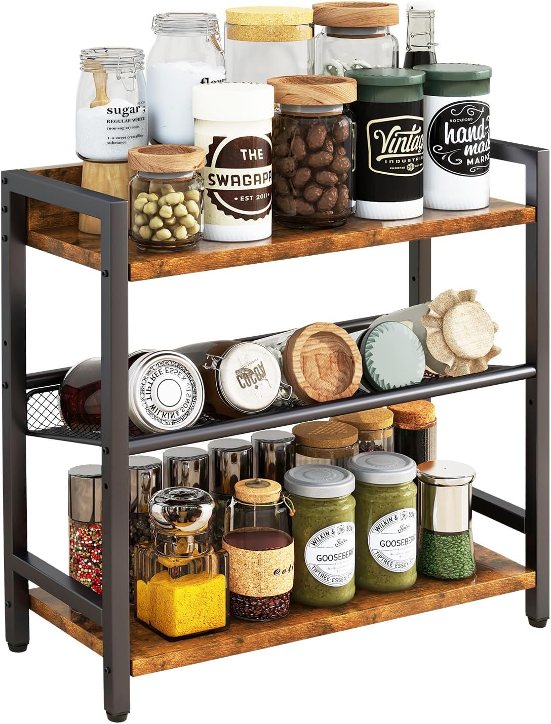 IBUYKE 3-Tier Spice Rack Industrial Counter Shelf Desktop Storage Organizer Standing Seasoning Rack for Countertop Kitchen Office Living Room Desktop Rustic Brown UTLJ021H