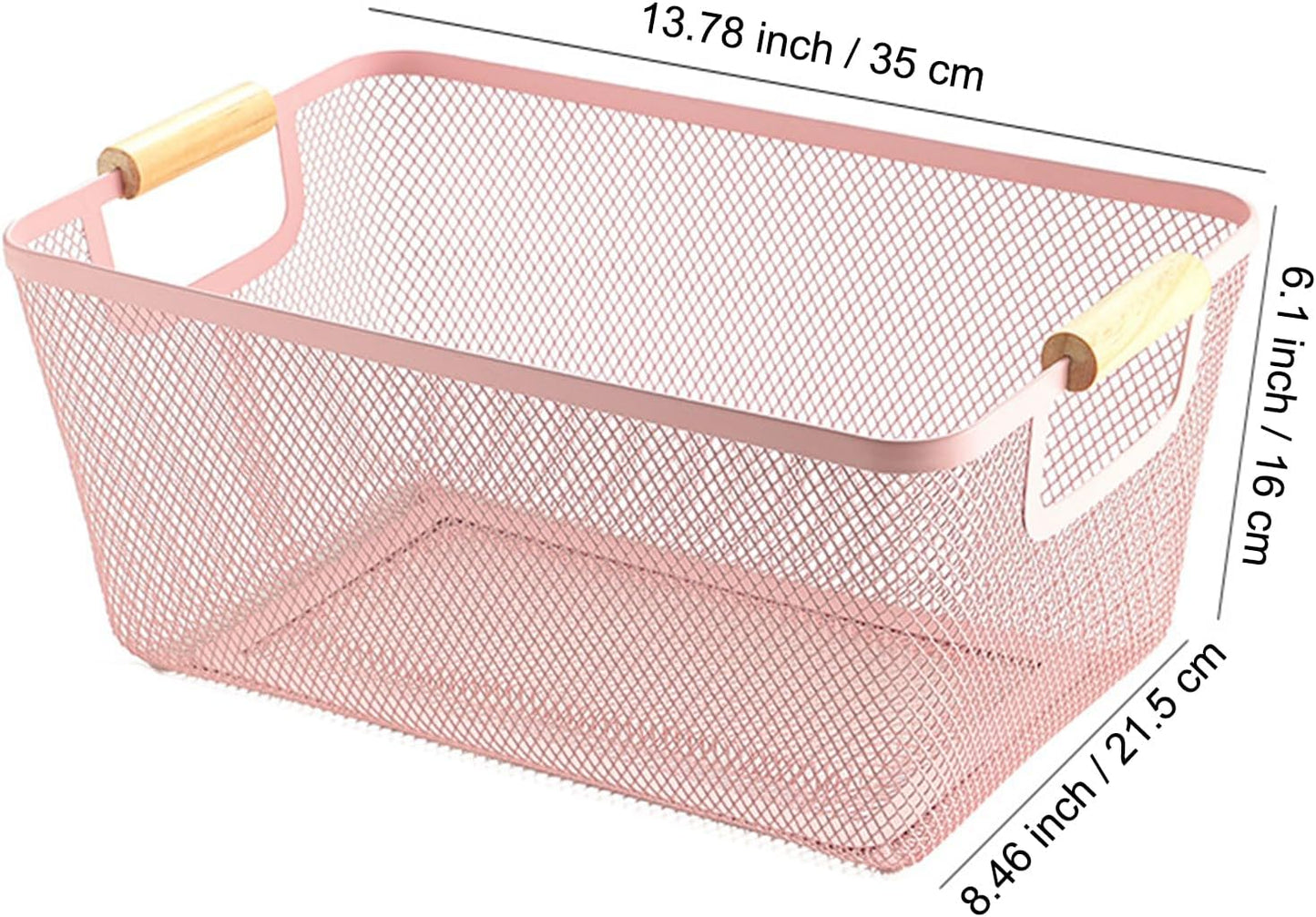 Metal Mesh Steel Basket, Large Wire Storage Organizer Basket Multi-function Hanging Kitchen Baskets with Wood Handle for Kitchen Bathroom Picnic Home, Rectangle-Pink