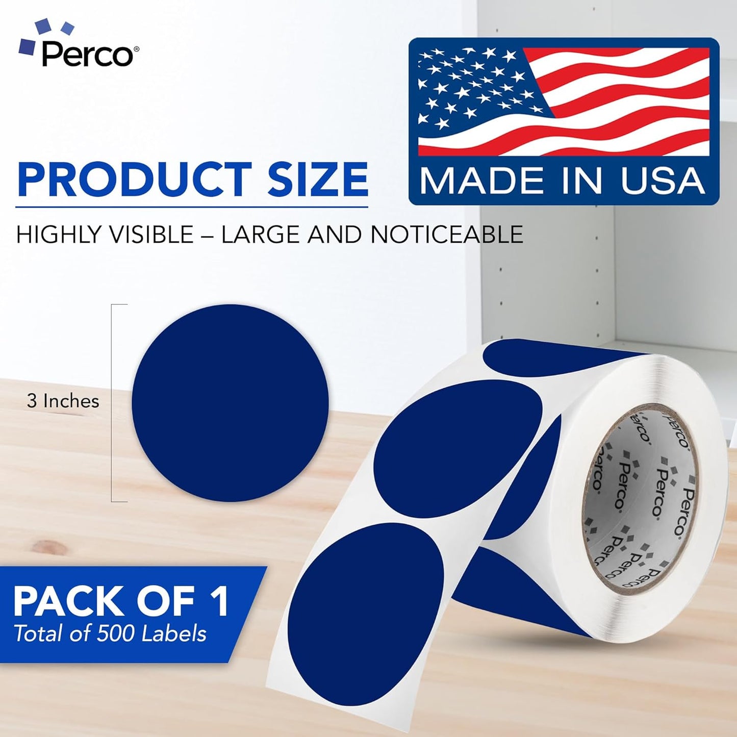 Perco Dark Blue 3-Inch Round Circle Dot Sticker Labels with Easy Peel Perforation - 500 Labels per Roll - Strong Adhesion, Vibrant Colors for Organizing, Crafting & More - Made in USA