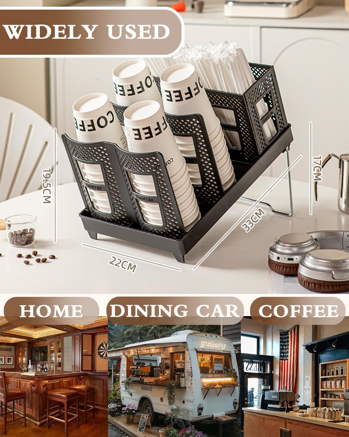 Coffee Cup Holder Organizer Unbreakable 2-IN-1 Paper Cup and Lid Holder with Straw Organizer Adjustable Paper Cup Holder for Countertop Coffee Station Bar Restaurant Breakroom Kitchen Office