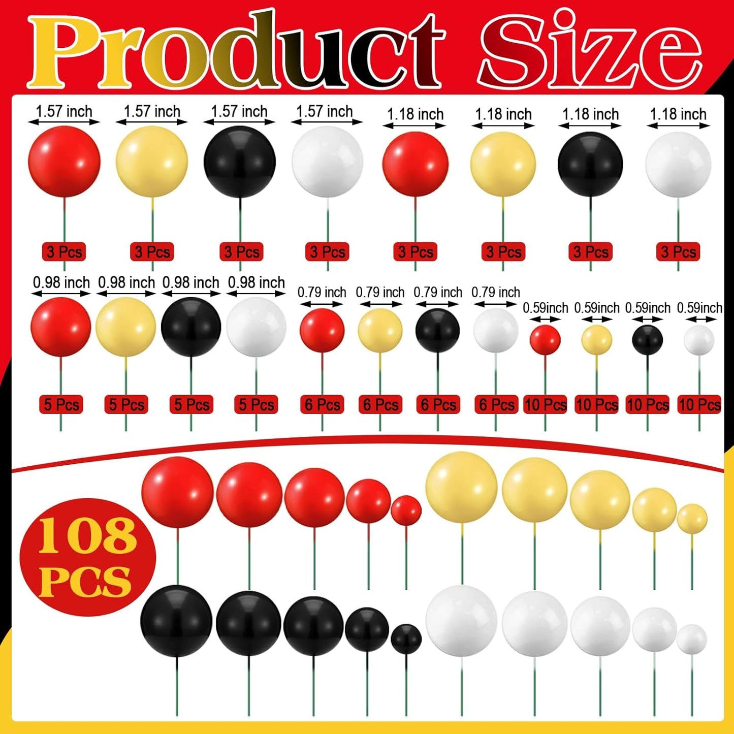 108 Pcs Balls Cake Topper DIY Cupcake Insert Foam Balloons for Cake Baking Wedding Anniversary Birthday Decoration(Classic Colors,Multi Sizes)