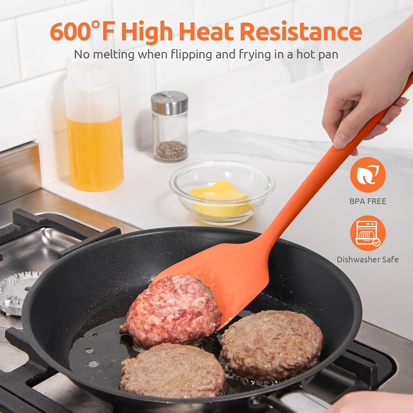 600ºF Heat Resistant Silicone Turners: U-Taste 13.6in Long Solid & Slotted Kitchen Spatula Flipper, Large Flexible Cooking Utensil for Flipping Egg, Pancake in Nonstick Cookware(Orange, 2PCS)
