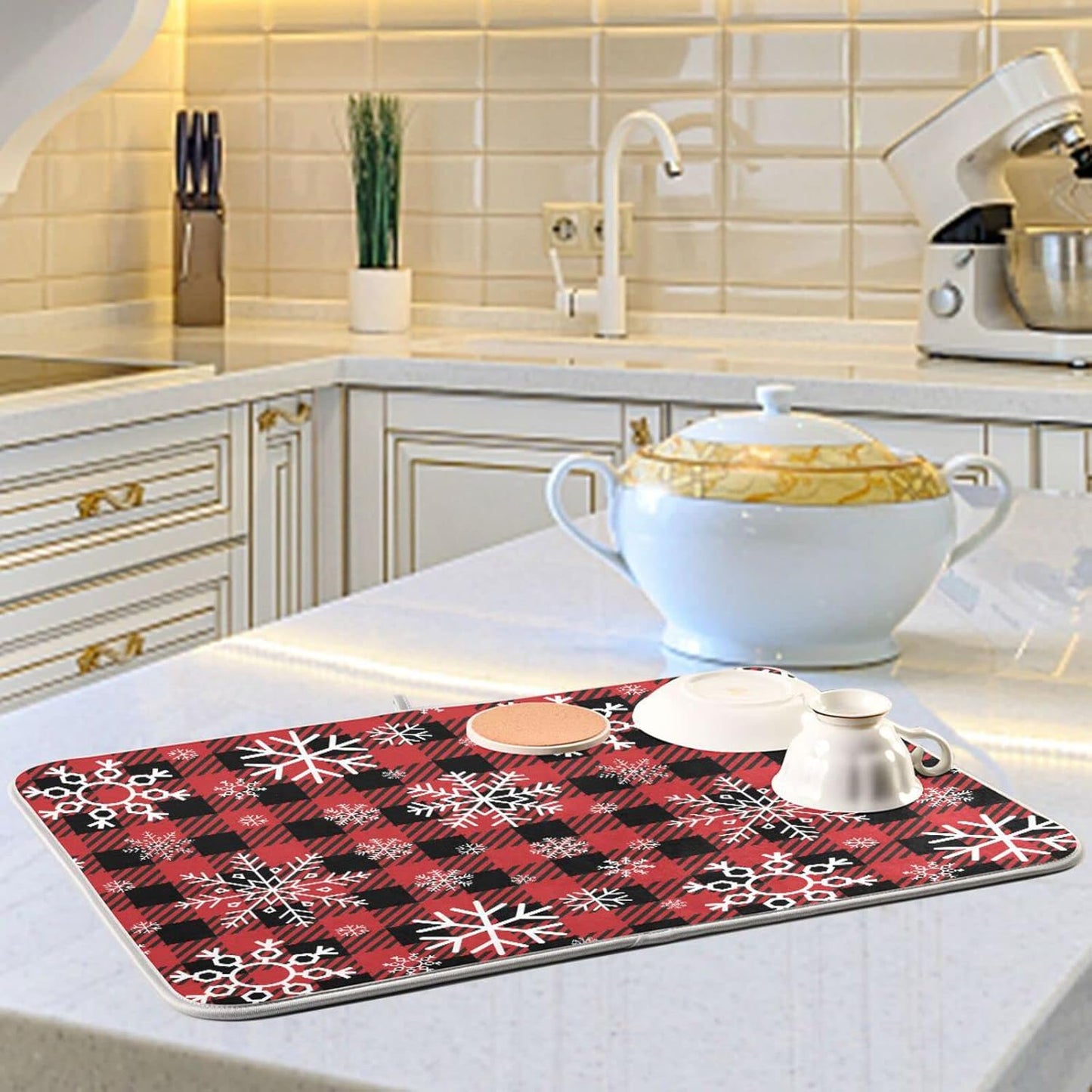Snowflake Buffalo Plaid Dish Drying Mat for Kitchen Counter Christmas Absorbent Microfiber Drying Pad, Lager 18x24 in, Reversible Drainer Mats