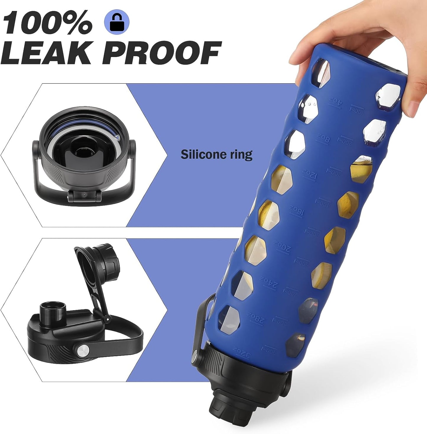 MUKOKO Glass Water Bottles, 32oz Glass Tumbler with Straw, Drinking Bottles with 2 Lids-Handle Spout Lid&Bamboo Straw Lid, Motivational Water Bottle with Time Marker and Silicone Sleeve, 1 Pack-Blue