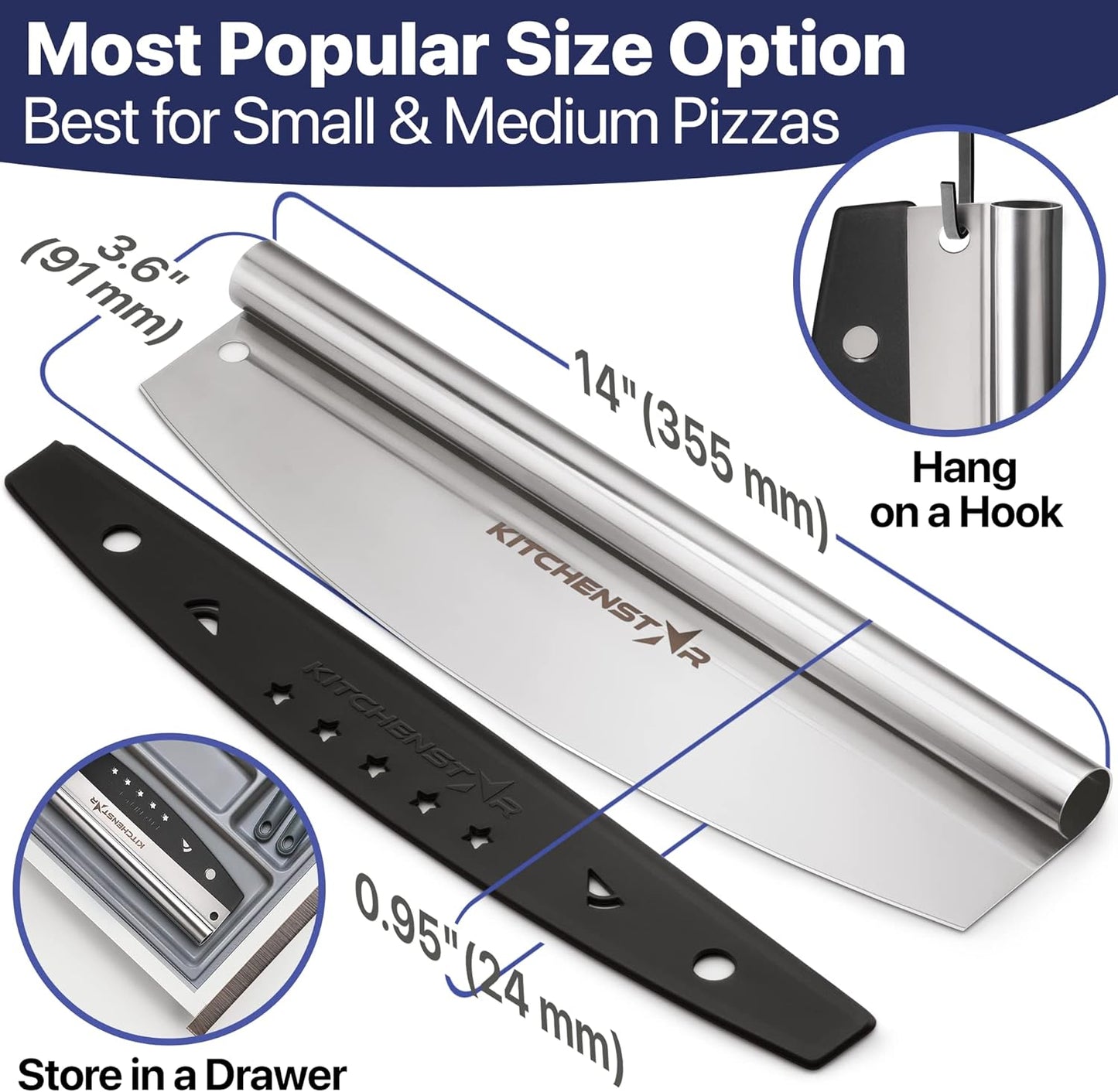 KitchenStar 14-Inch Pizza Cutter Rocker Blade - Sharp Stainless Steel Slicer Knife, Protective Cover, Dishwasher Safe, Large - Professional Pizza Oven Accessories