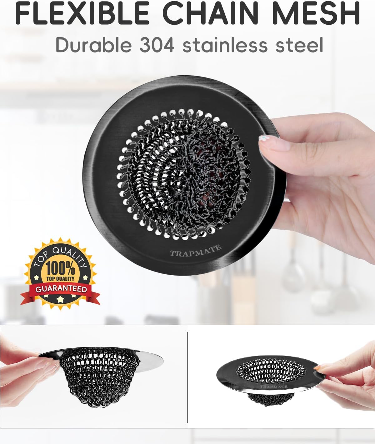 TRAPMATE Sink Drain Strainer | Reversible 304 Stainless Steel Kitchen Drain Cover | Anti-Clogging Garbage Disposal Strainer Fit US Standard Drain (Black)