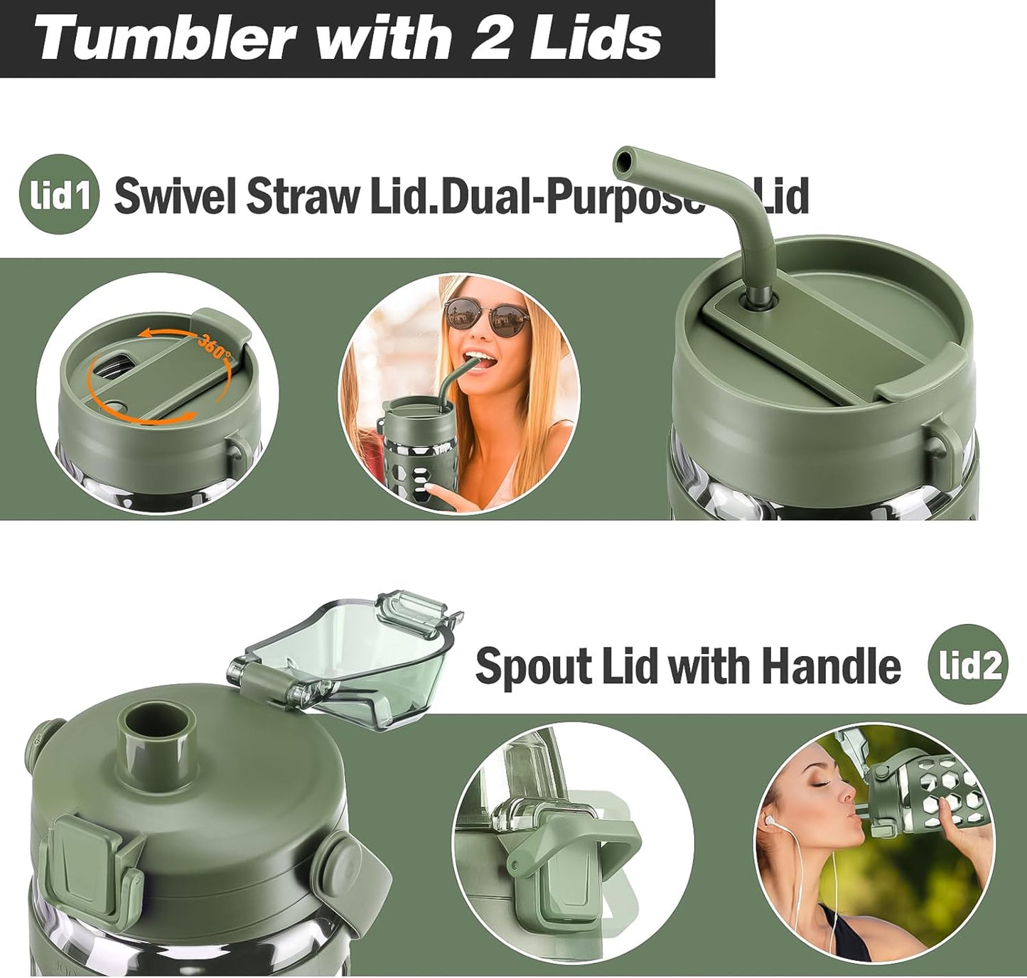 MUKOKO 32 oz Glass Tumbler with Straw,Glass Water Bottles with Time Marker,Iced Coffee Cup with 2 Lids-Handle Spout Lid&Straw Lid,Silicone Sleeve,Leakproof,1 Pack-Olive