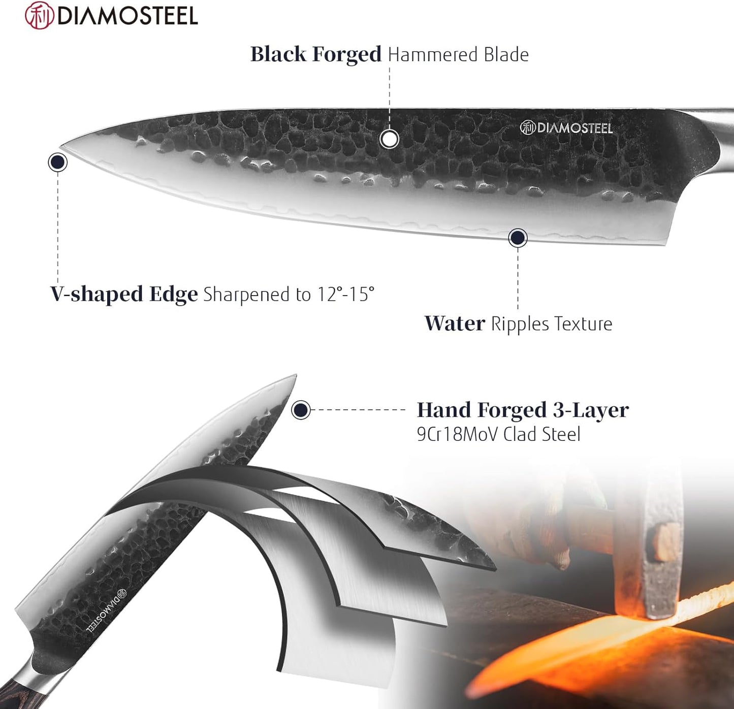 Chef Knife - 8-Inch Professional Kitchen Knife - Hammered Black Oxide Blade Japanese 9CR18MOV High Carbon Stainless Steel Sharp Gyuto Knife - Ergonomic Pakkawood Handle with Present Box