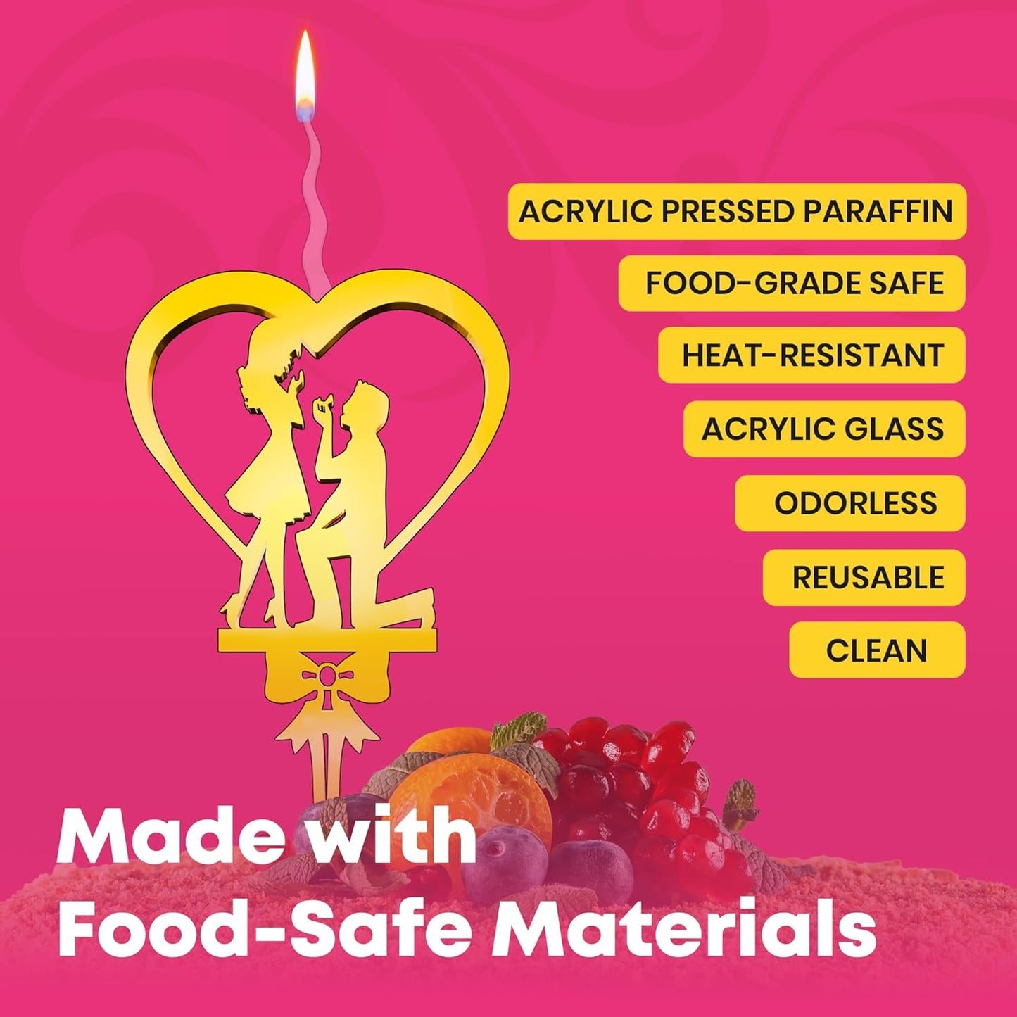 Bride and Groom Reusable Gold Romantic Cake Candle - Luxury Cake Topper Candle for Birthdays, Weddings & Anniversaries - Reusable Food Safe Acrylic, Shiny Mirror Finish - Happy Birthday Cake Topper