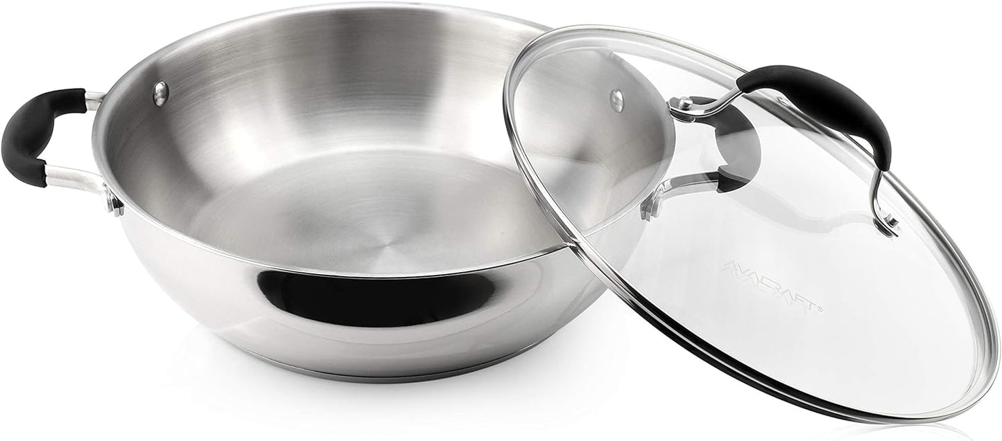 AVACRAFT 18/10 Stainless Steel Everyday Pan with Five-Ply Base, Stir Fry Chef’s Saute Pan with Glass Lid, Multipurpose Stewpot Skillet, Casserole in Pots (11 Inch)