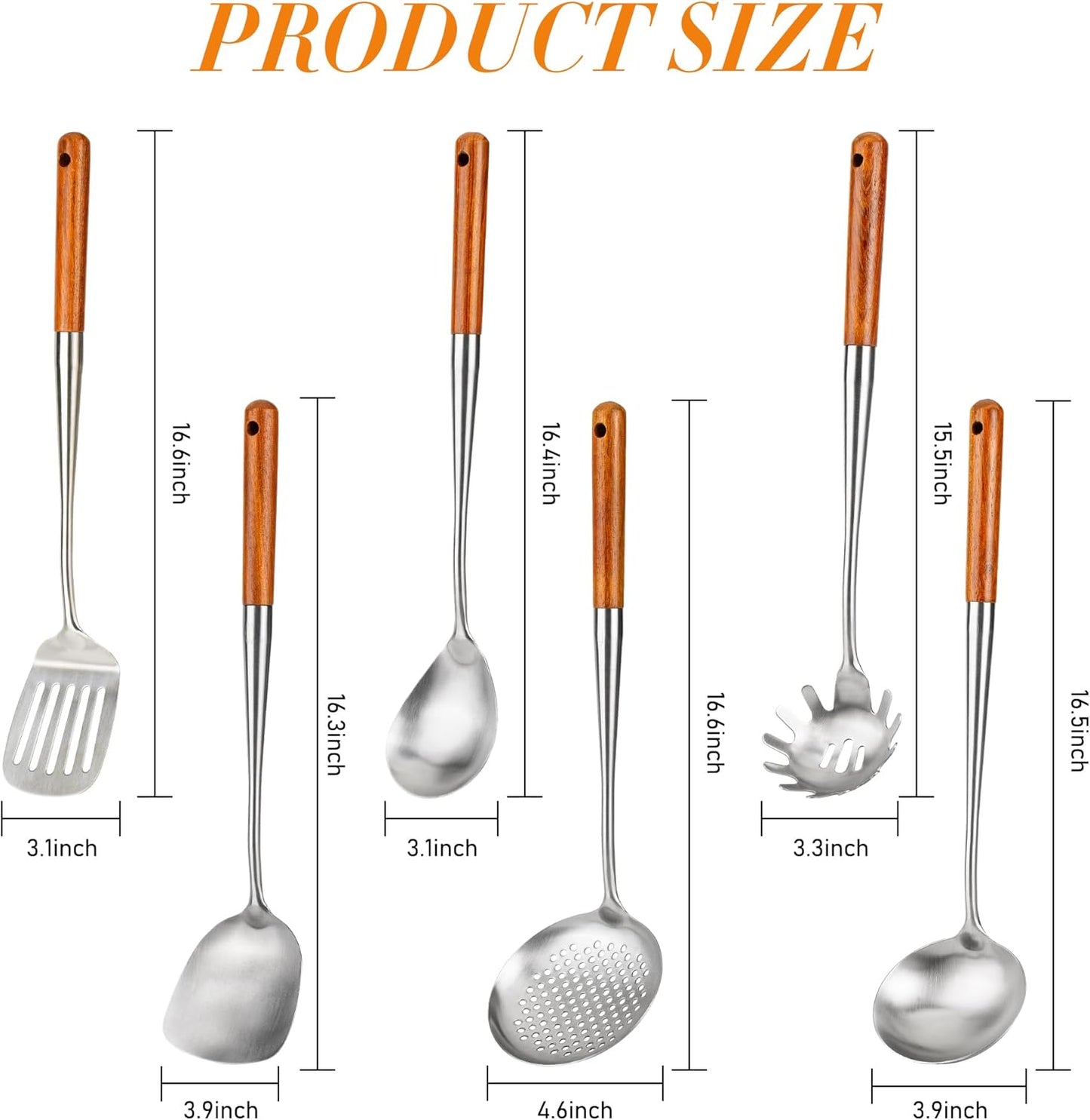 FJNATINH 304 Stainless Steel Kitchen Utensil Sets-6 PCS Wok Spatula Sets Cooking Utensil Tools Spatula, Soup Ladle, Skimmer, Slotted Spatulas Tunner, Spaghetti Spoon