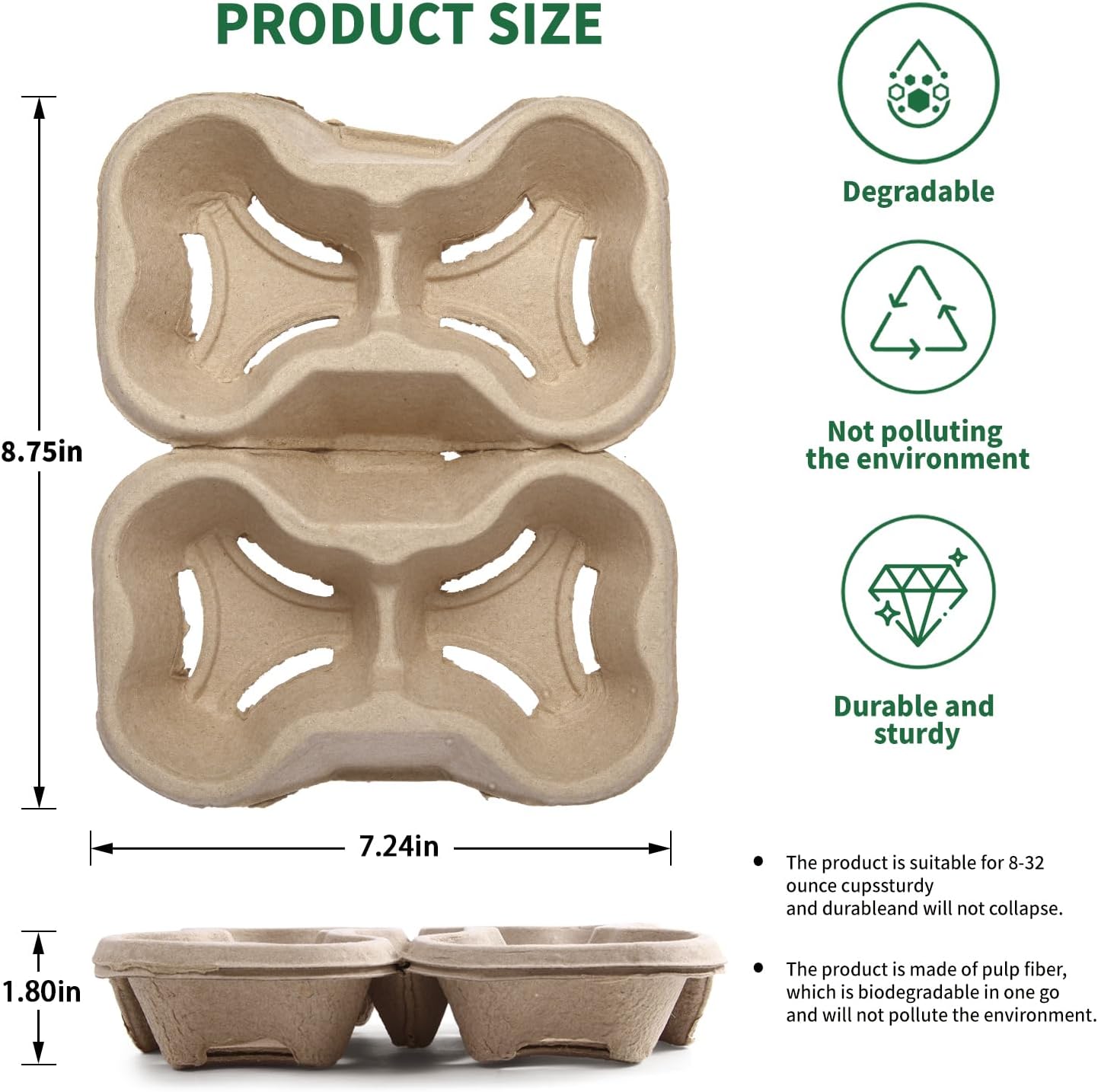 Tearable 4 to 2 Cup Drink Carrier - Biodegradable Convertible Cup Holder for Hot/Cold Beverages (8oz-32oz) - Pulp Fiber to Go for Restaurants, Takeout/Delivery (100 Pack)