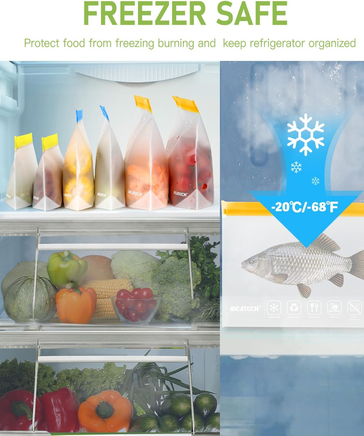 IDEATECH 20Pack Reusable Bags Dishwasher Safe, Leakproof Reusable Freezer Bags, BPA Free Healthy Food Storage Contaizers Sandwich Snack Baggies for Lunch Travel(8 Gallon 6 Quart 6 Snack,Colored)