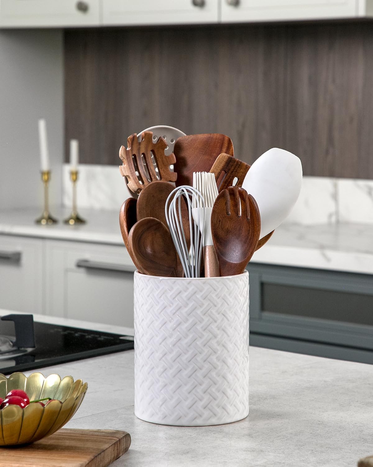 Nucookery 6.4'' Utensil Holder - Ceramic Utensil Holder for Kitchen Counter, Large Capacity Countertop Storage, Farmhouse Style Utensil Crock Organizer for Spoons, Spatulas & Cooking Tools