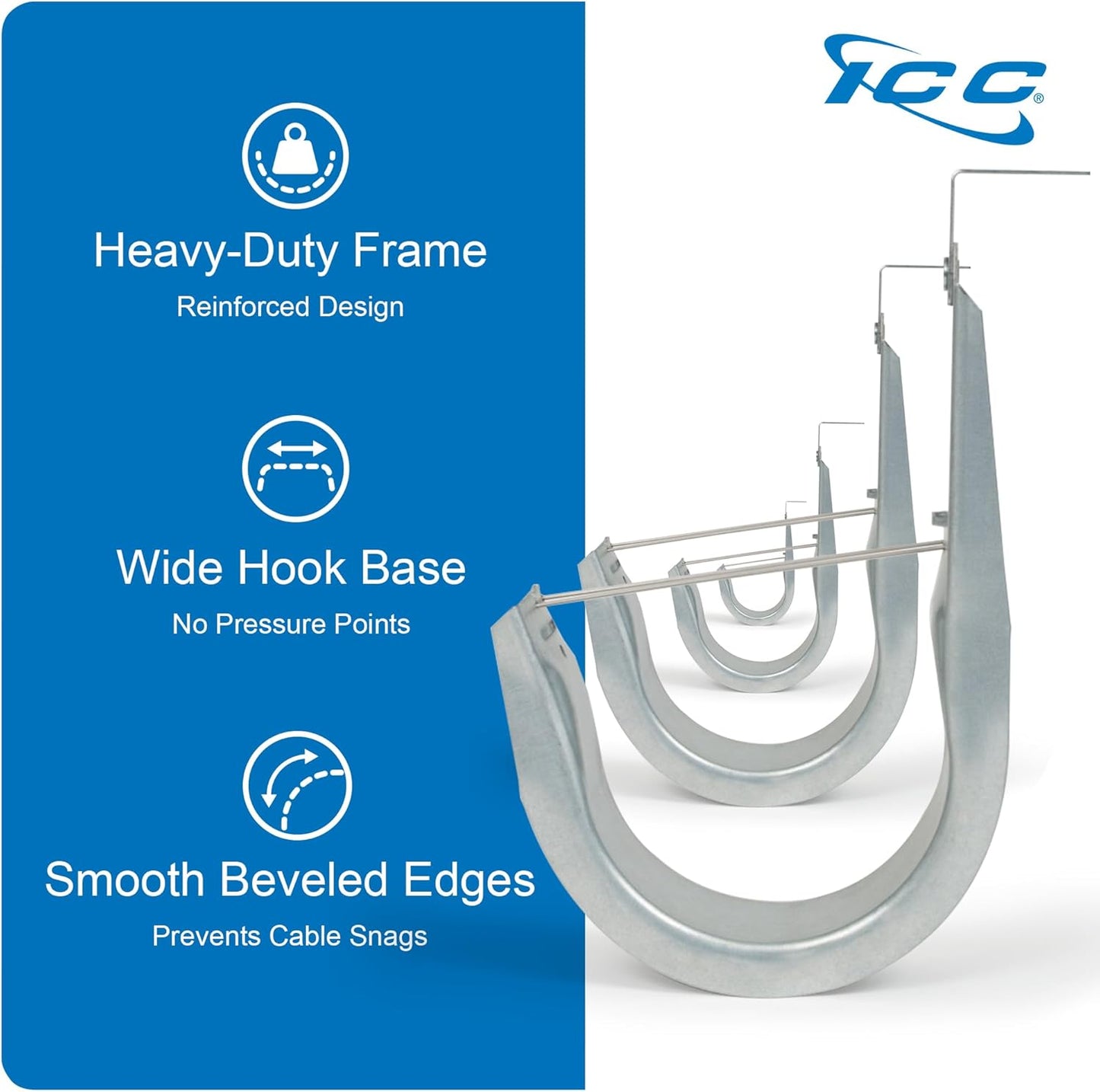 ICC Ceiling Mount J Hook 3/4” Without Retainer Clip - Galvanized Steel Cable Management Hooks for Hanging Cable - Rust-Resistant, EIA and TIA Compliant - 3/4 Inch 25 Pack