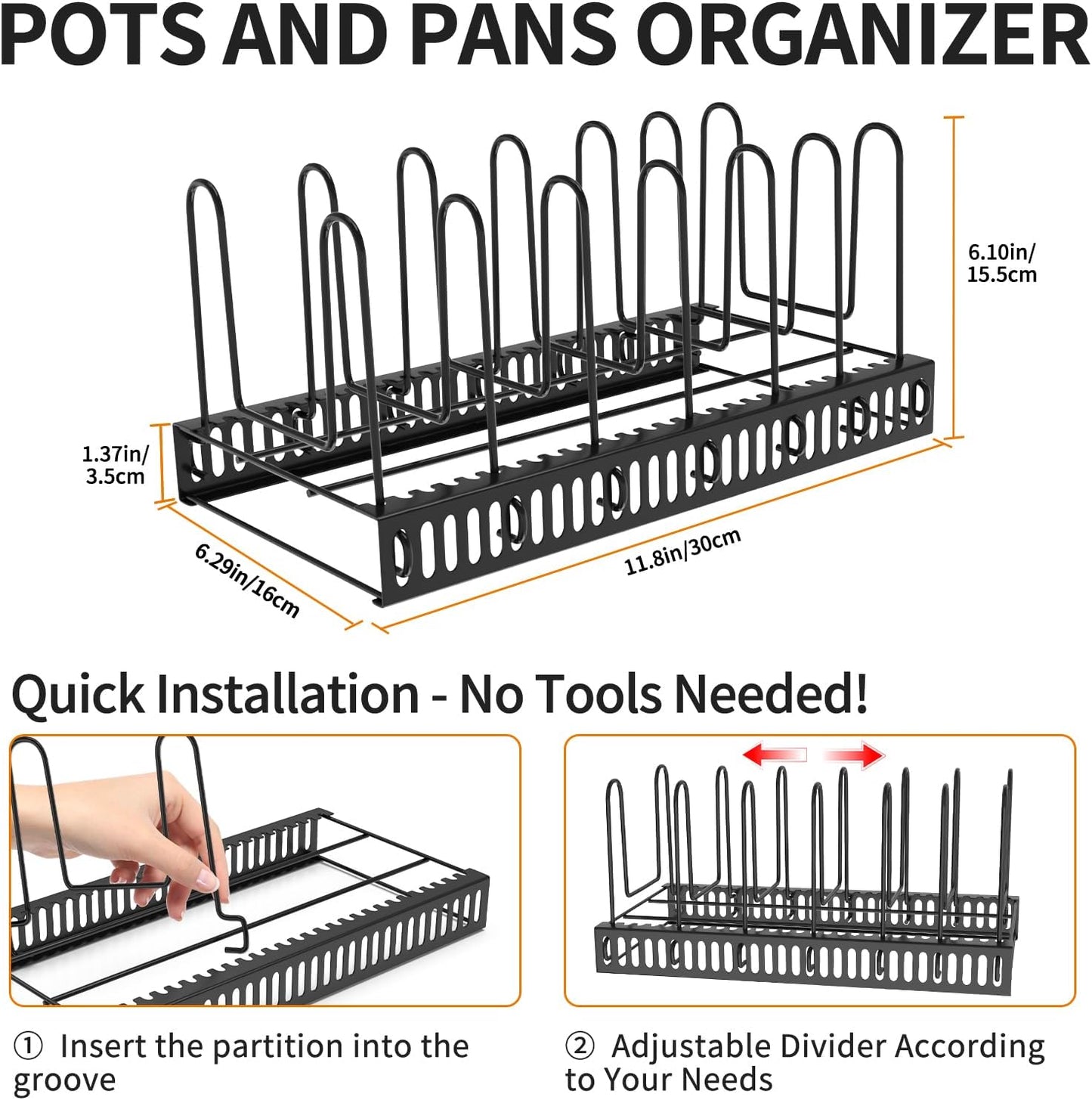Pot Lid Organizer for Cabinet,7 Adjustable Dividers Storage for Cabinet - Heavy-Duty Pot & Pan Organizer - Perfect to Store Pots, Bakeware, Plates, Cookie Sheets, Trays, Dish, Cutting Boards