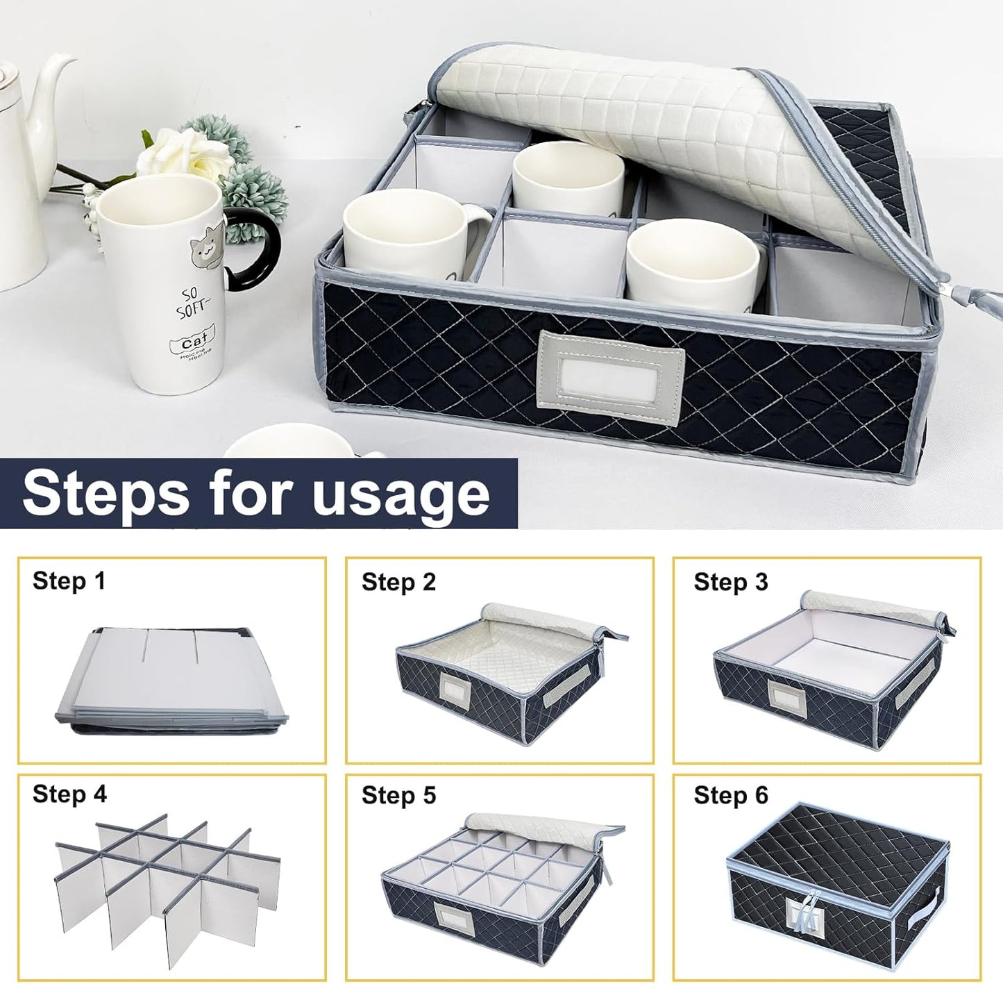 Wine Glass and Mug Storage Box with Dividers - 2 Pack China Storage Containers Set Holds 24 Glassware , Stemware，Coffee Mug and Tea Cup, Organizer Bin with Sturdy Metal Zipper,Label and Handles (Grey)