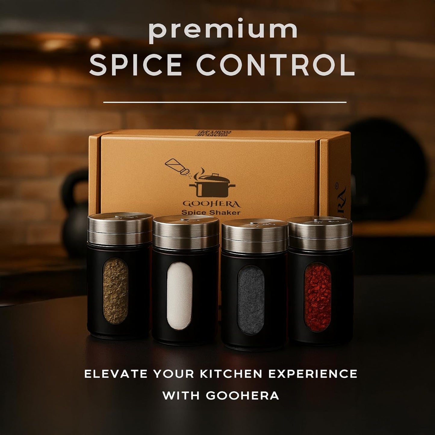 4-Piece Premium Stainless Steel Salt and Pepper Shakers Set – Adjustable Pour Holes Spice Dispenser for Salt, Sugar, Cinnamon, and Pepper – Stylish Kitchen Seasoning and Spice Shaker Set (Black)