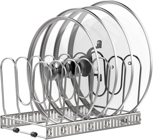 Housolution Pot and Pan Organizer Rack for Cabinet, Pot Lid Organizer with 7 Adjustable Dividers, Pan Holder Storage Rack for Kitchen Cabinet, Silver