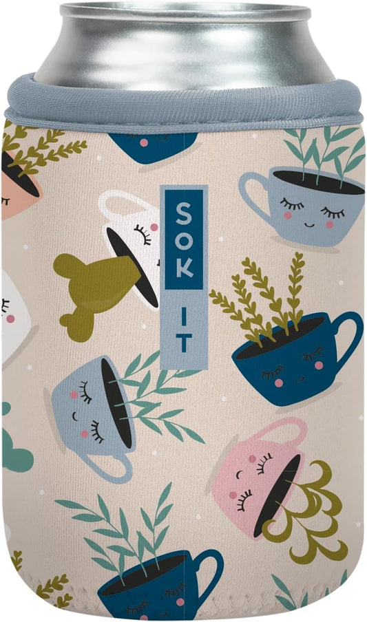 Sok It CanSok Sleeve for Beer & Soda Insulated Neoprene Cover (Botanical Teacups, 12oz Can Sleeve)