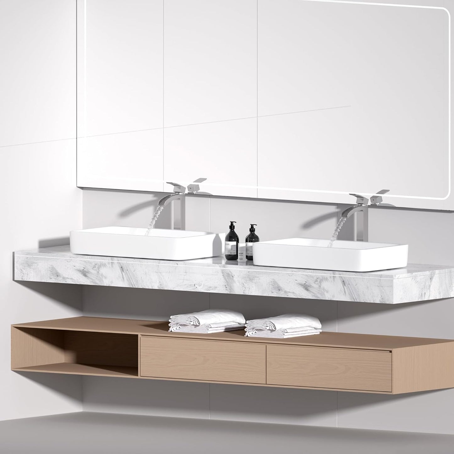 Bathroom Faucet Tall Vessel Waterfall Faucet Brushed Nickel Deck Mount Single Handle Lavatory with Water Supply Line