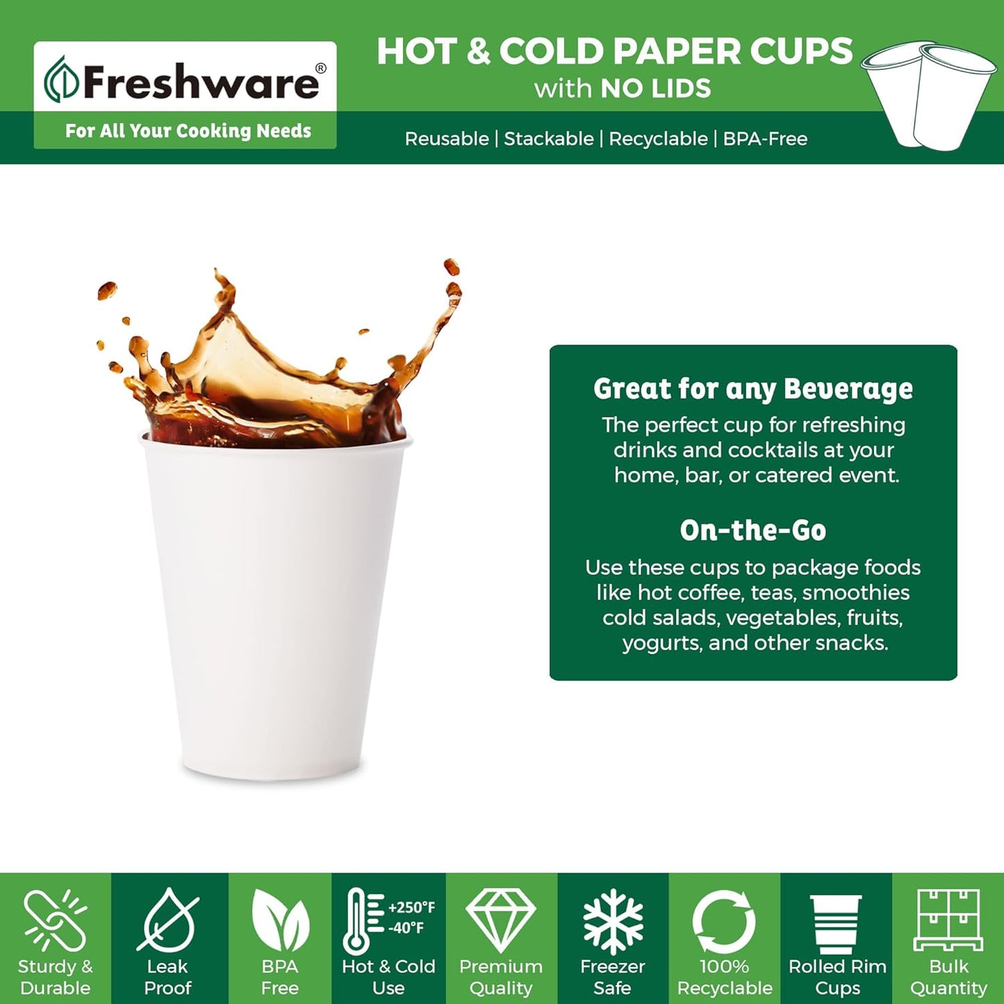 Freshware Coffee Cups 12 oz [1000 Pack] Disposable Paper Cups for Hot or Iced Coffee Cup, Slushie Cup, Milkshakes, Smoothies, and Tea