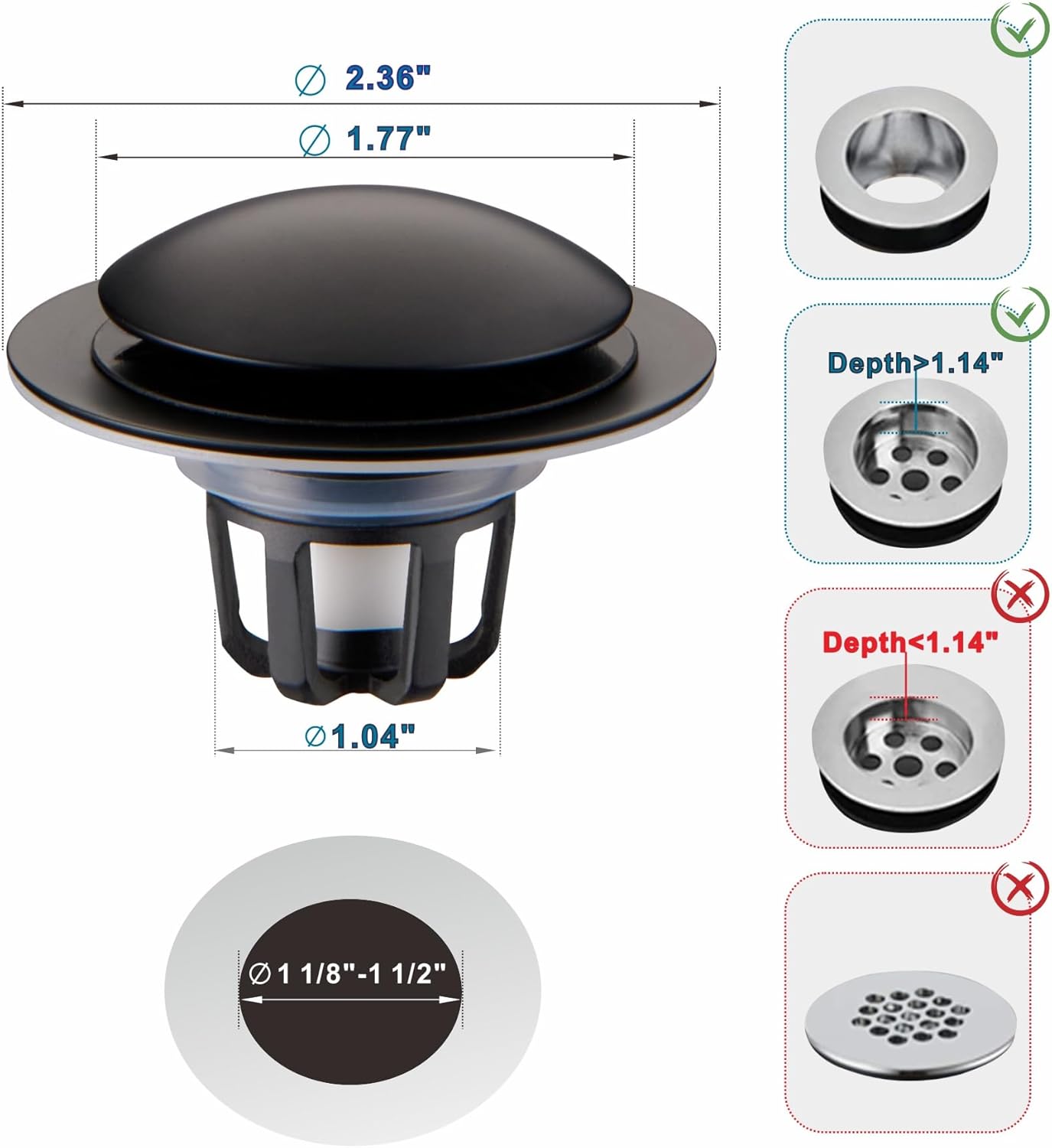 Bathroom Sink Drain Stopper,Welsan Universal Pop Up Drain Strainer with Hair Catcher for 1 1/8"-1 1/2" Drain Hole,Anti-Clogging Filter Matte Black