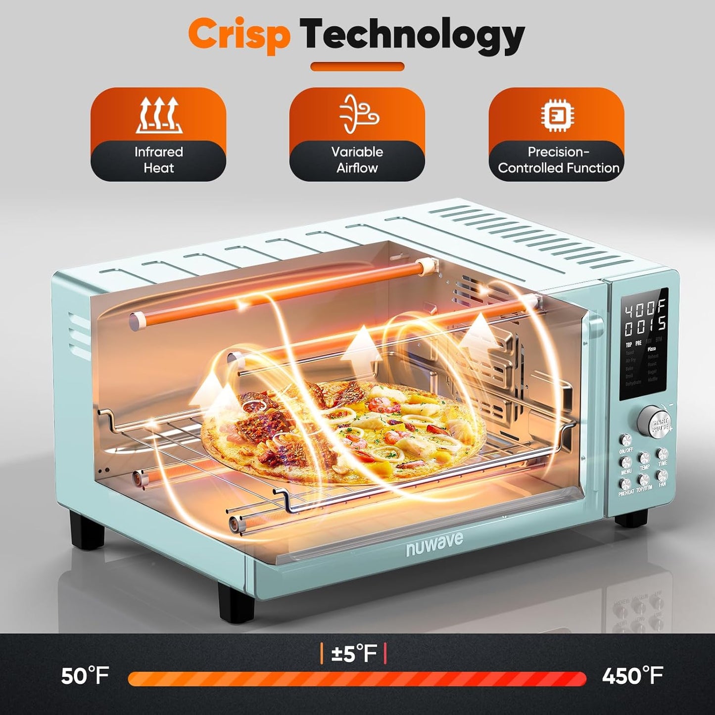 Nuwave Bravo Pro Smart 21QT Toaster Oven Air Fryer Combo, Convection Oven Countertop, 10 functions all in 1, with even & quick crisp technology, 50-450°F, 1800W, Mint Green