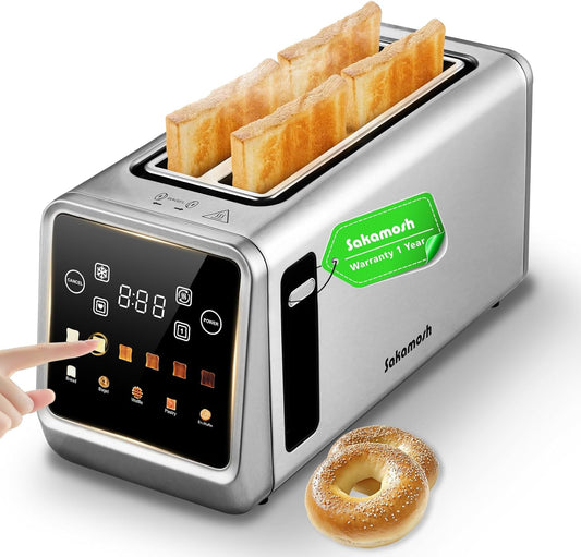 Smart Toaster 4 Slice, Touch Screen, Digital Toasters with 6 Browning Levels & 5 Bread Types, Bagel, Extra Long Wide Slots, Memory Function, Timer, 1400W, Stainless Steel