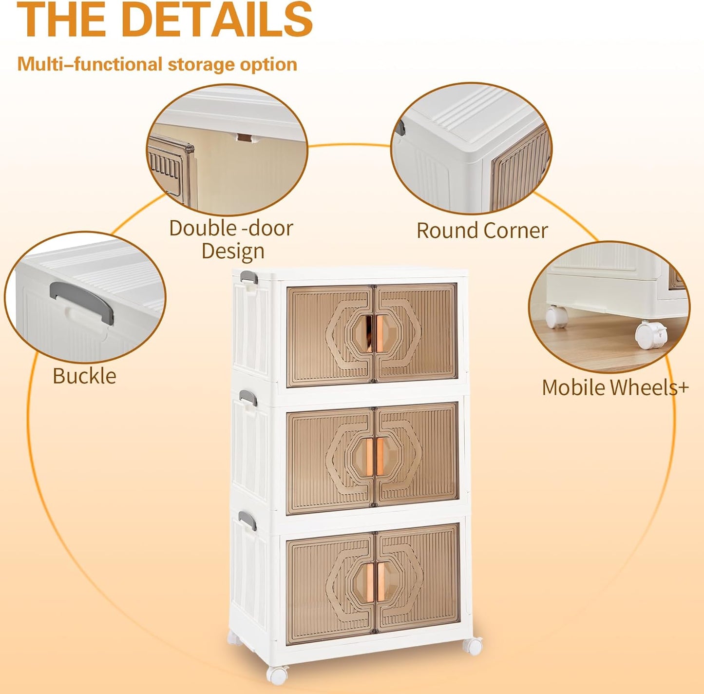 VECELO 19 Gal Stackable Storage Bins with Lid, 3 Pack Plastic Collapsible Storage Cabinet, Foldable Folding Box Organizer/Storage Container Cart with Wheel and Double Door for Home Office, White