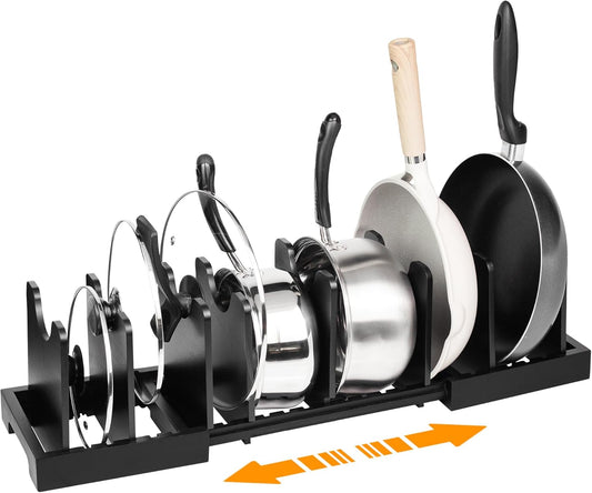 MinBoo Bamboo Expandable Pot Lid Organizer Pot Lid Holder, Pot and Pan Organizer Drawer Organizer for Pot Lids, Adjustable Dividers for Kitchen Cabinet Organizers and Storage,Black,Large