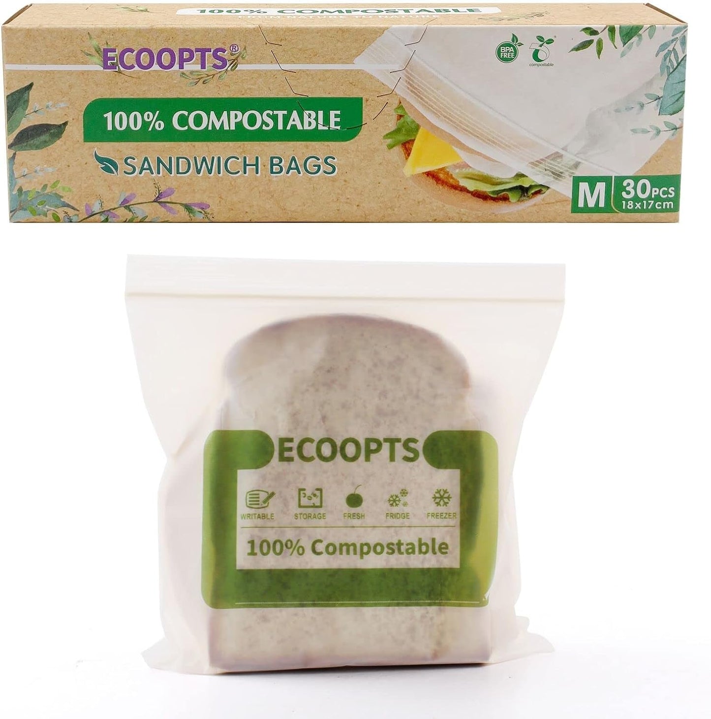 100% Compostable Sandwich Zip Bag | ECO-Friendly Food Storage Bags | Freezer Bag | Plant-Based BPA-free | Seal well for Fruit,Food and Snack (1, Medium)