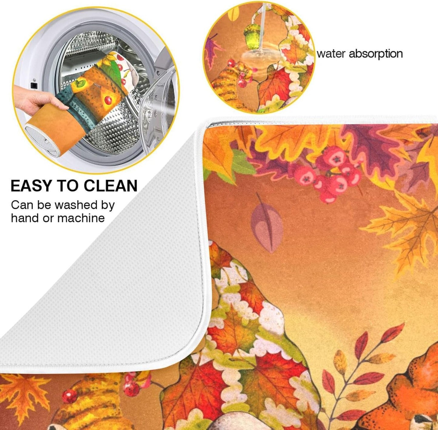 Thanksgiving Gnome Truck Autumn Dish Drying Mat for Kitchen Counter Absorbent Microfiber Drying Pad, Medium 16x18 in, Maple Leaves Reversible Drainer Mats