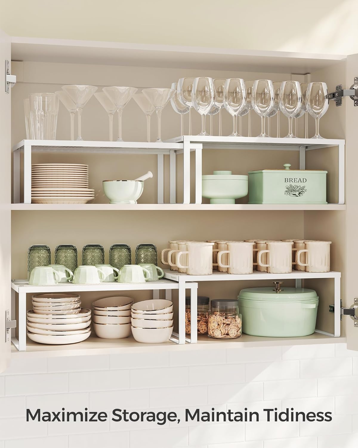 SONGMICS Spice Racks, Set of 2 Metal Cabinet Shelf Organizers, Countertop Organizers, Shelf Risers, Stackable, Expandable, White UKCS401W01