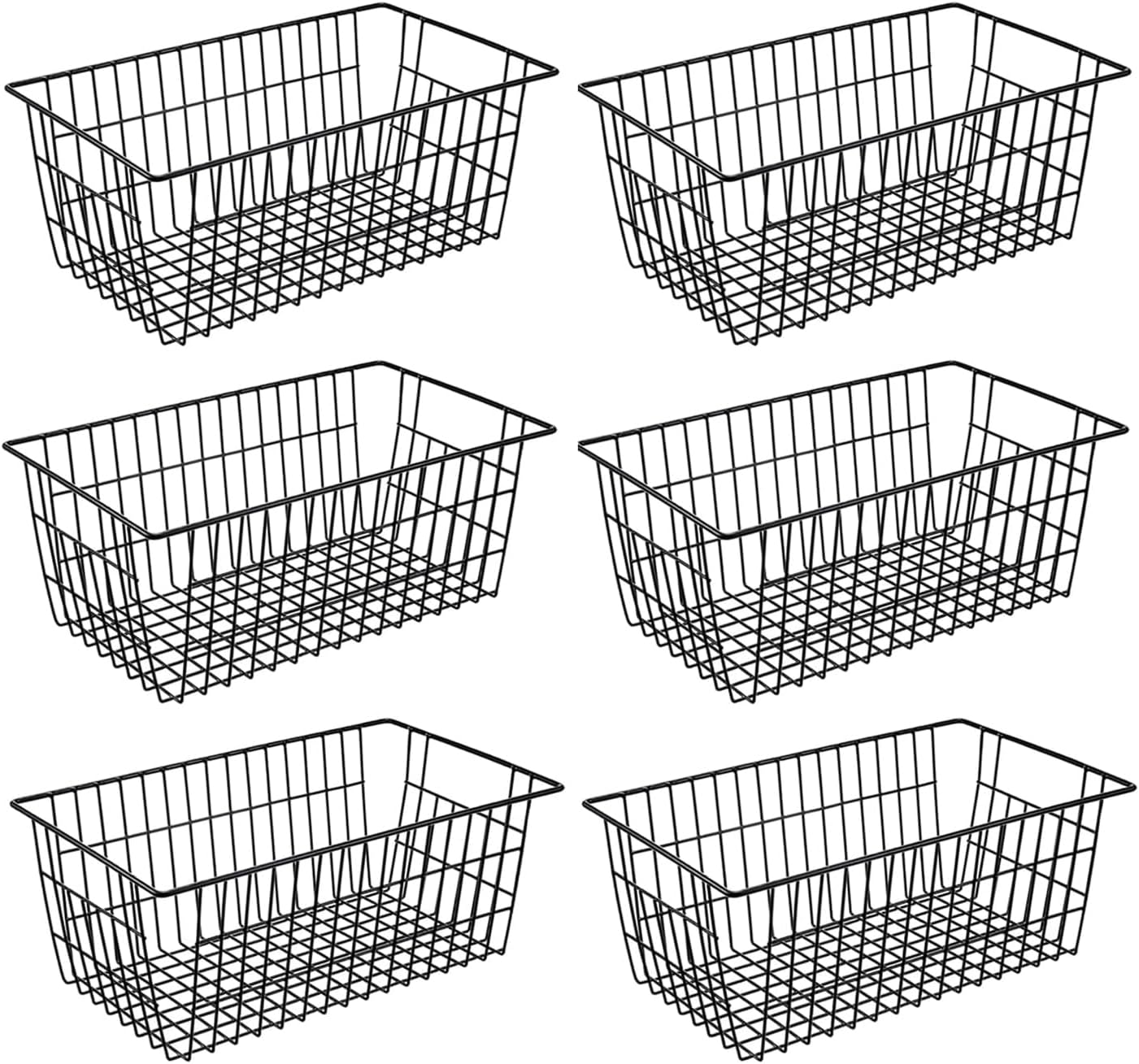 Redrubbit Wire Storage Baskets, Large Farmhouse Metal Freezer Basket Storage Organizer Bins with Handles for Kitchen Cabinets, Pantry, Closets, Bedrooms, Bathrooms, Set of 6, Black