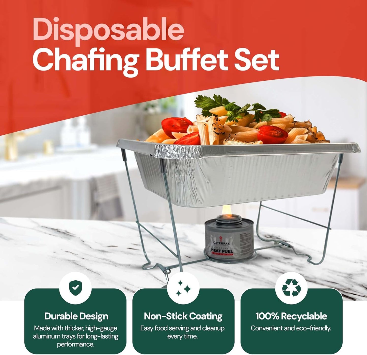 Disposable Chafing Dish Buffet Set (39 pcs) – Catering Food Warmers with Half-Sized Serving Pans, Covers, Foldable Racks, Utensils & Fuel Cans - Perfect for Buffets, Parties & Food Serving