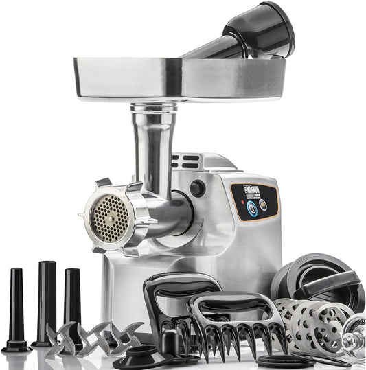 Magnum 1800W Electric Meat Grinder | Grinds Soft Bones | High-Capacity Meat Tray | 6 Grinding Plates | 3 Stainless Steel Blades | Sausage Stuffer | Kubbe Maker & More Included
