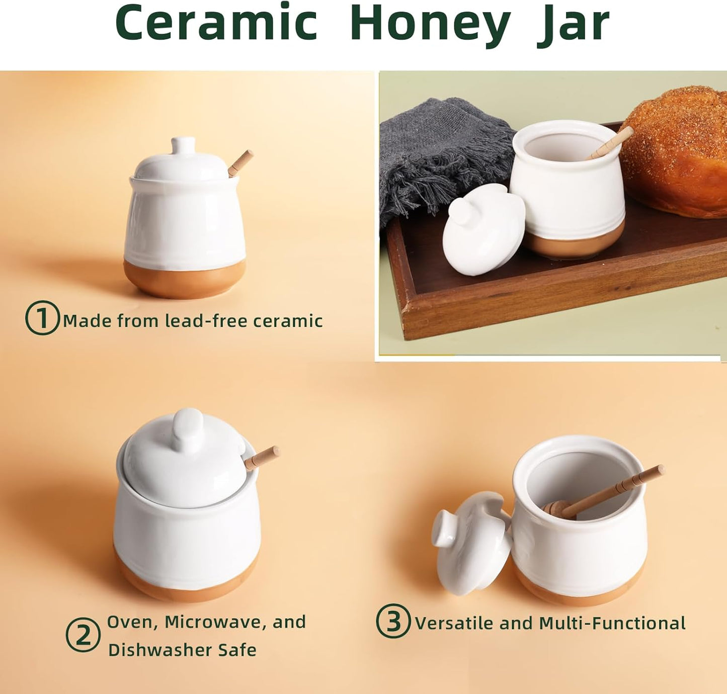 LEETOYI Honey jar with Lid and Wooden Dipper, 12 oz Ceramic Honey Container Dispenser for Home, Microwave & Dishwasher Safe, White