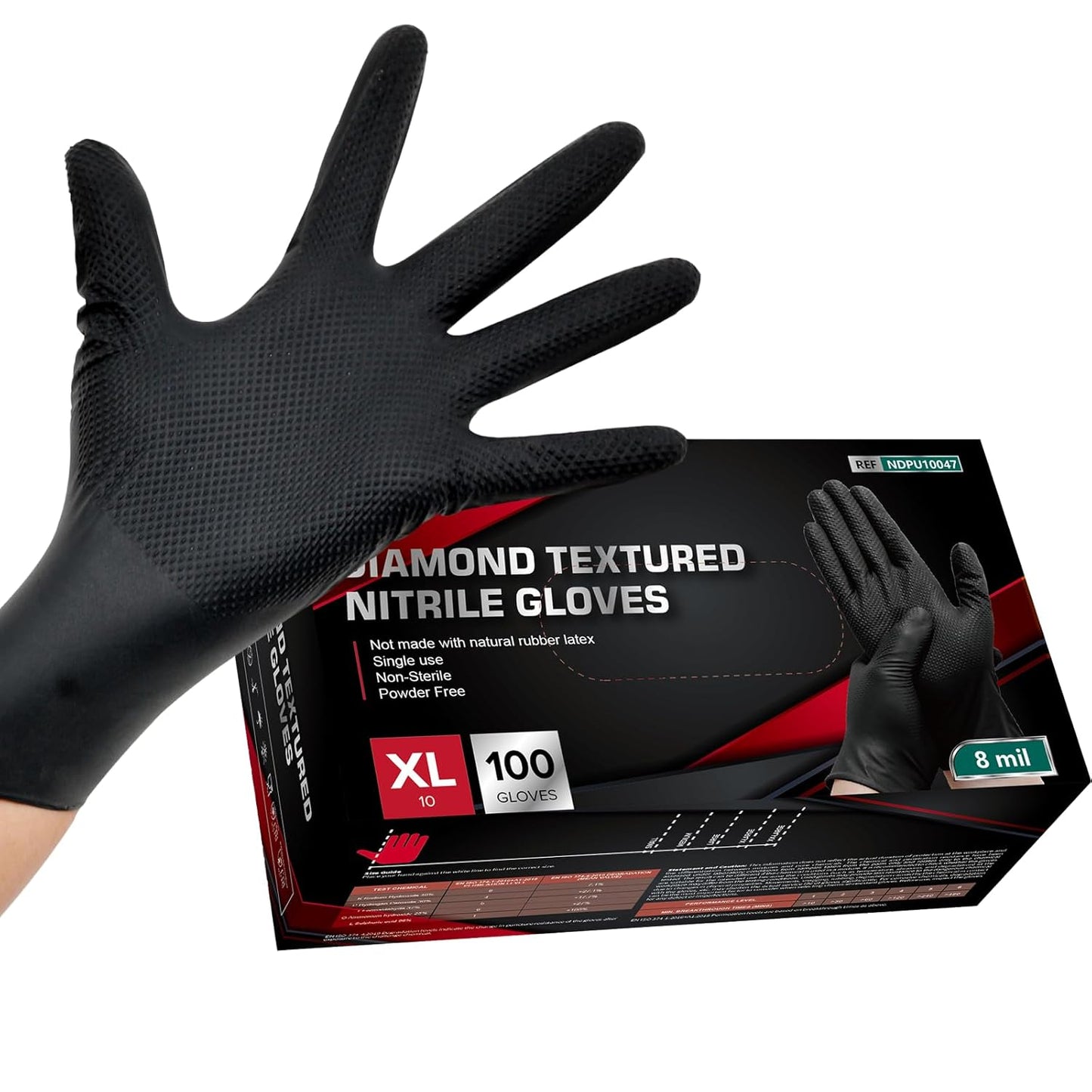 Jointown Basic Heavy Duty Nitrile Gloves, Mechanic Gloves 8 Mil Nitrile Disposable, with Raised Diamond Texture, Case of 100, Black, XLarge