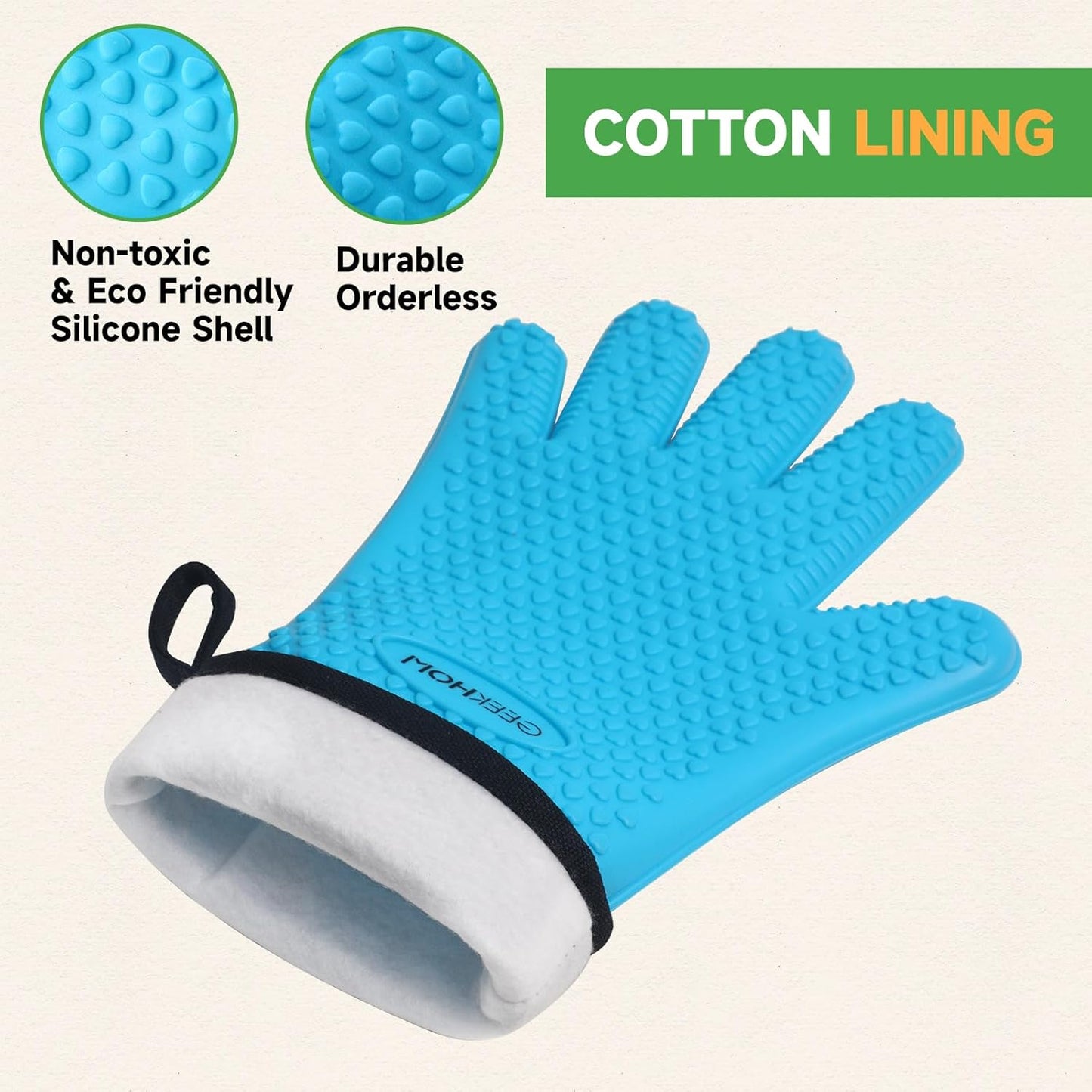 GEEKHOM BBQ Gloves, Grilling Gloves Heat Resistant Oven Gloves, Kitchen Silicone Oven Mitts, Long Waterproof Non-Slip Pot Holder for Barbecue, Cooking, Baking, Aqua Blue