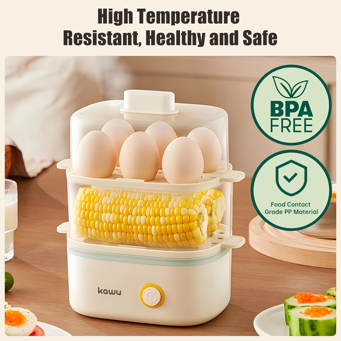 KAWU Double-layer Egg Cooker, Fast Electric Egg Boiler, Small Breakfast Machine, Safe and Easy to Operate, can Accommodate 12 Eggs, Suitable for RV Travel, Steamed Corn and Bread in Hotels