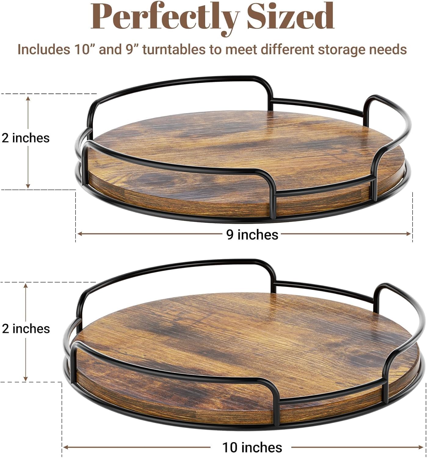 WOWBOX 2 Pack Lazy Susan Organizer for Table Top Rotating Spice Rack Organization 10" + 9" Wood Lazy Susan Turntable Organizer for Cabinet Kitchen Pantry Countertop Bathroom Vanity