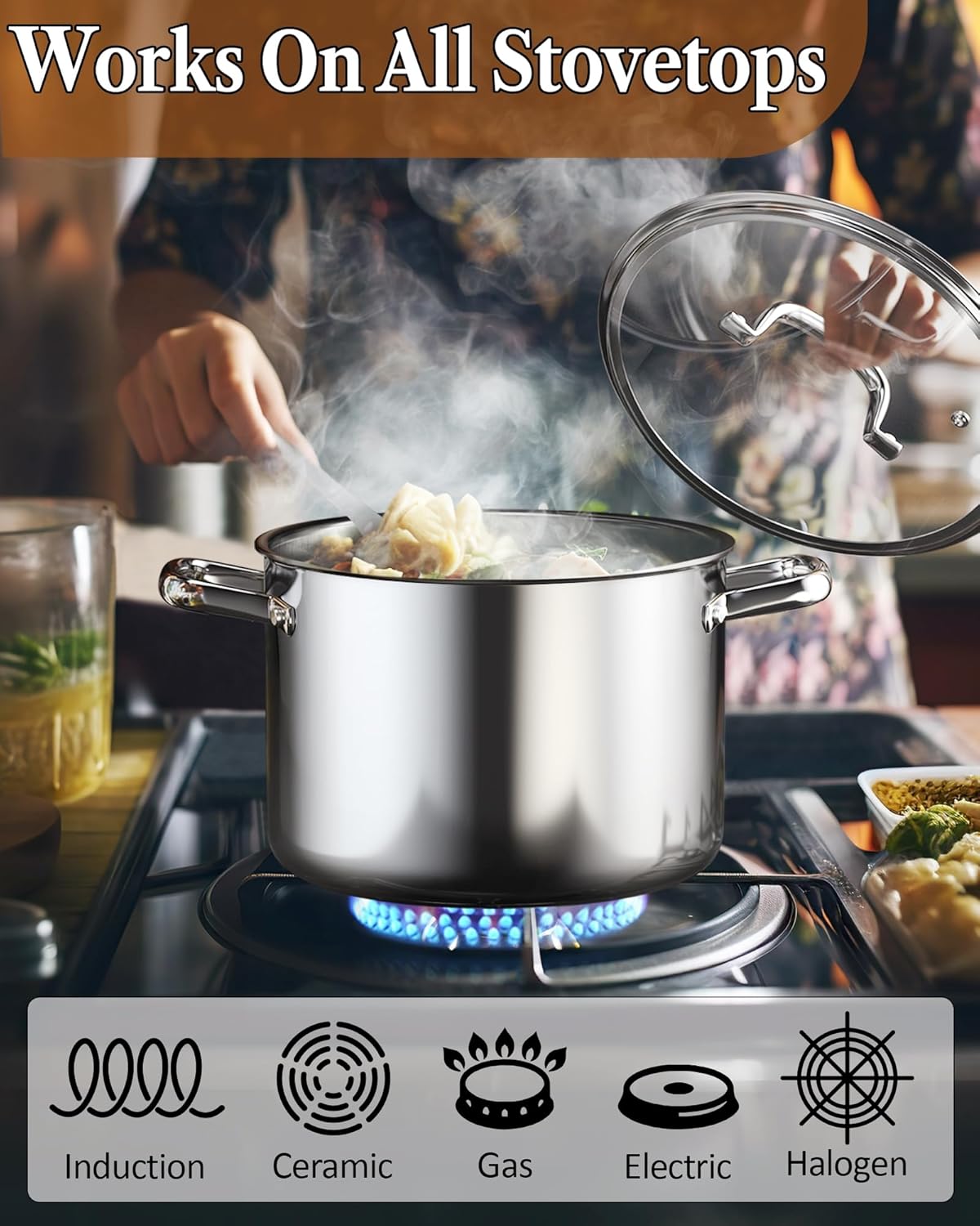 Cook N Home Stainless Steel Stockpot with Lid 12 Quart, Tri-Ply Clad Large Capacity Soup Pot, Induction Cooking pot, Silver