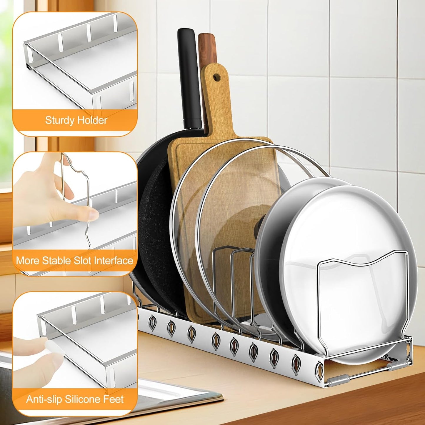 FLSEPAMB Pan Organizer - Adjustable Lid Organizer for Kitchen, Heavy Duty Pot Lid Organizer, Under Sink, Drawer, Pantry Storage