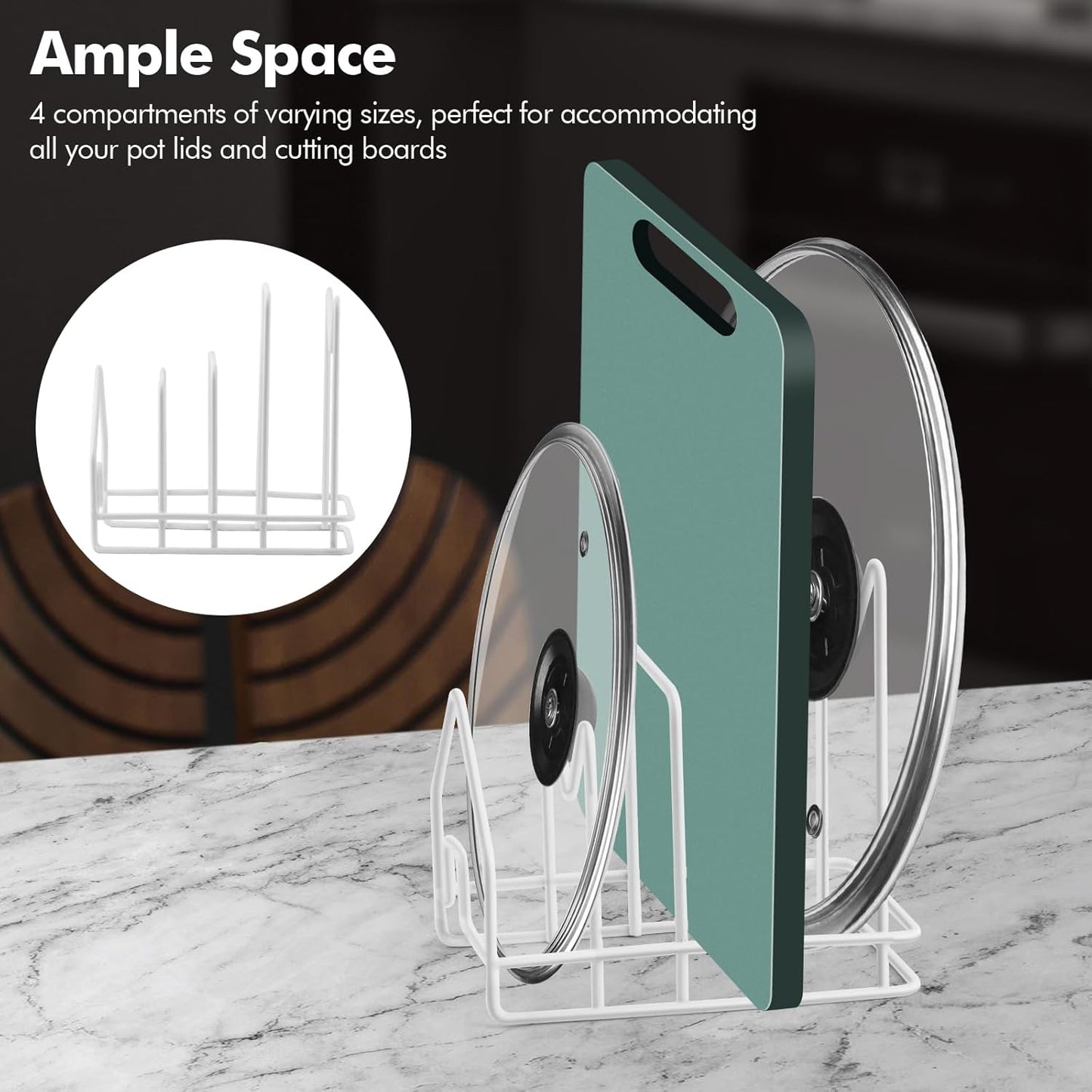 Poeland Kitchen Pot Lid Organizer, Pan Rack with 4 Compartments, Pantry Organizer Rack for Dinnerware, Bakeware, Cookware, Cutting Boards, Pan Lids (Small Size, White)